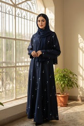 Rosy Night navy blue Abaya | Embroidery Front-Open